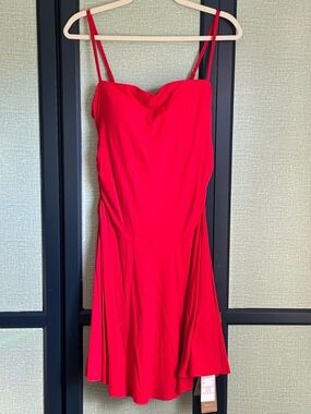 OGL SkinKiss Bright Red Mini Dress with Ruching + Flowy Skirt, NWT, Size L